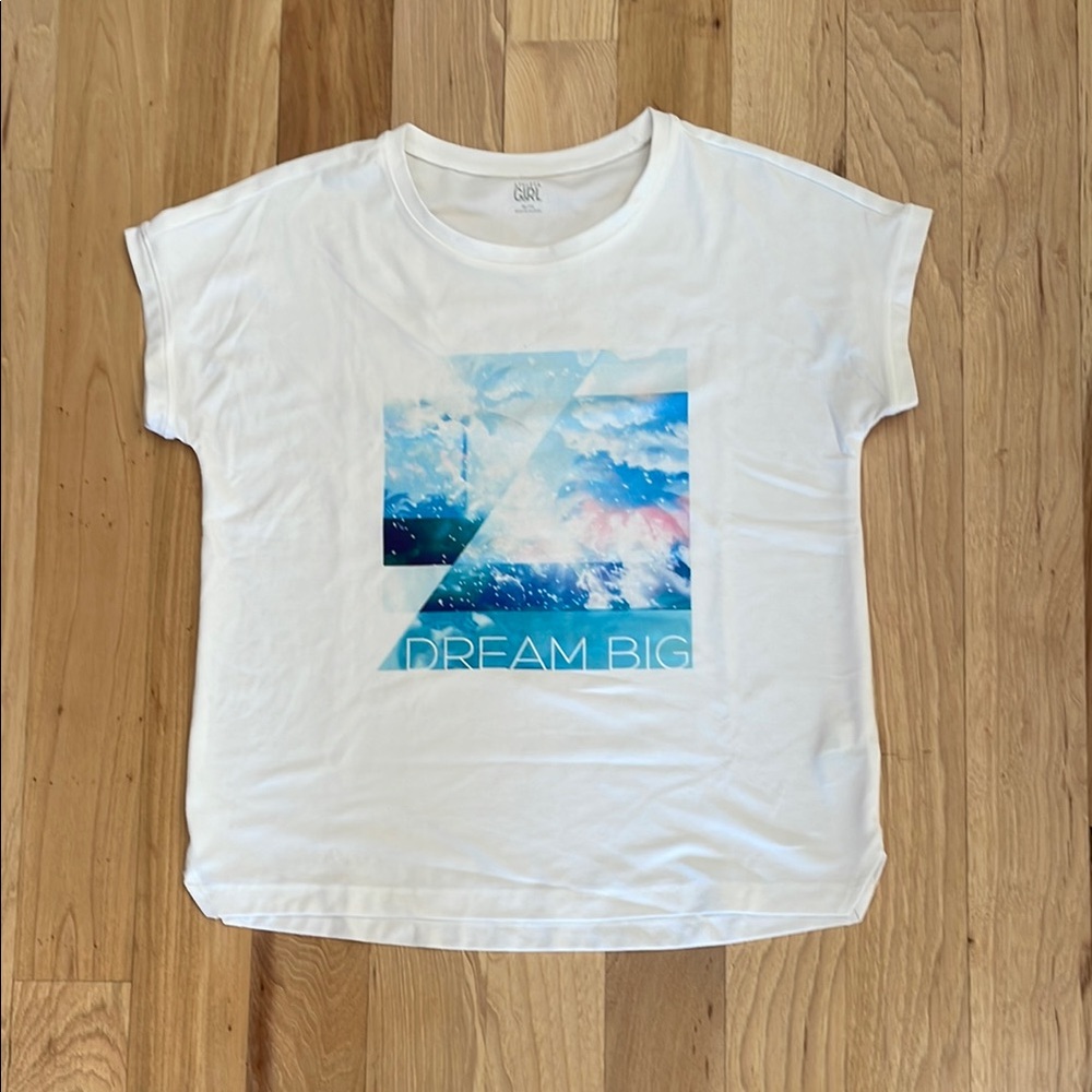 Athleta White Short Sleeve Tee with Blue and Pink Graphic